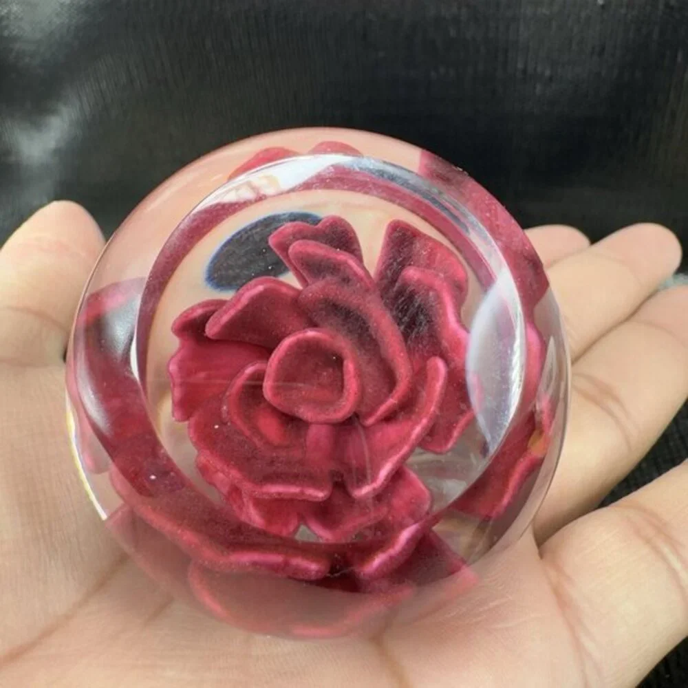 1995 GES Glass Paperweight Red Rose Flower Faceted Signed Don Juan Vintage Decor